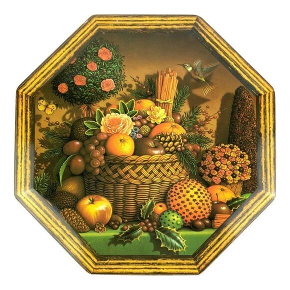 Octagonal Cake Cookie Tin Holiday Fruit Basket Container 9.5x9.5 Vintage - Picture 1 of 9